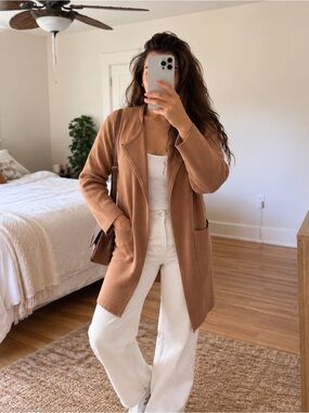 Womens Neutral Camel Longline Open Front Cardigan Coatigan Knit Pocket Sweater